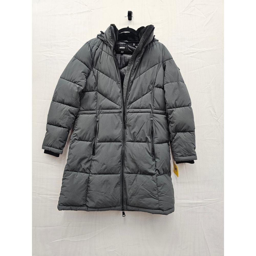 DKNY Womens Gray Chevron Quilted Puffer Coat Hooded Faux Fur Trim Parka Size M
